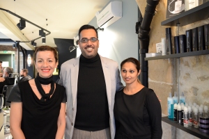 Rahim with Ines and Sarah, the salon owner and head stylist.